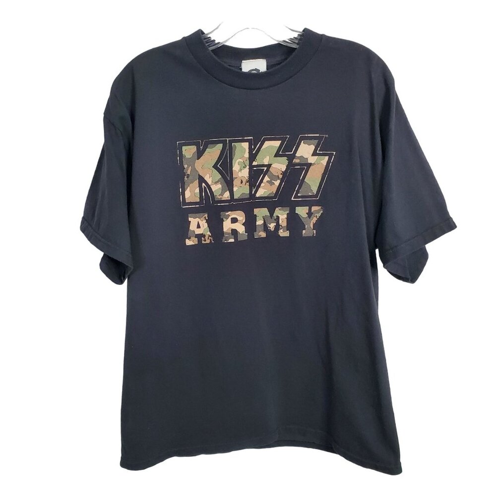 Kiss Army Size L T-Shirt Vintage Vinyl 2005 100% Cotton Black Camo Spellout Y2K